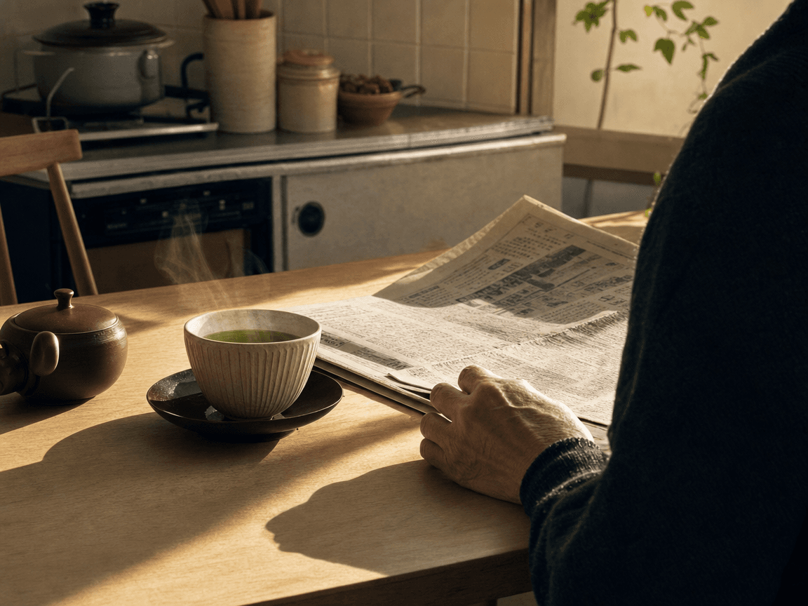 Une table de cuisine japonaise en bois clair, tasse de thé vert encore fumante, journal plié, lumière d'après-midi rasante qui étire les ombres vers un horizon hors champ.