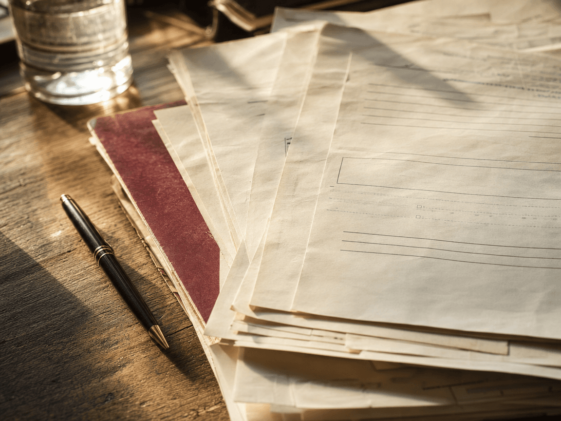 Une liasse de documents administratifs partiellement remplis posée sur un bureau en bois, stylo à côté, lumière de fin d'après-midi rasant les feuilles froissées.