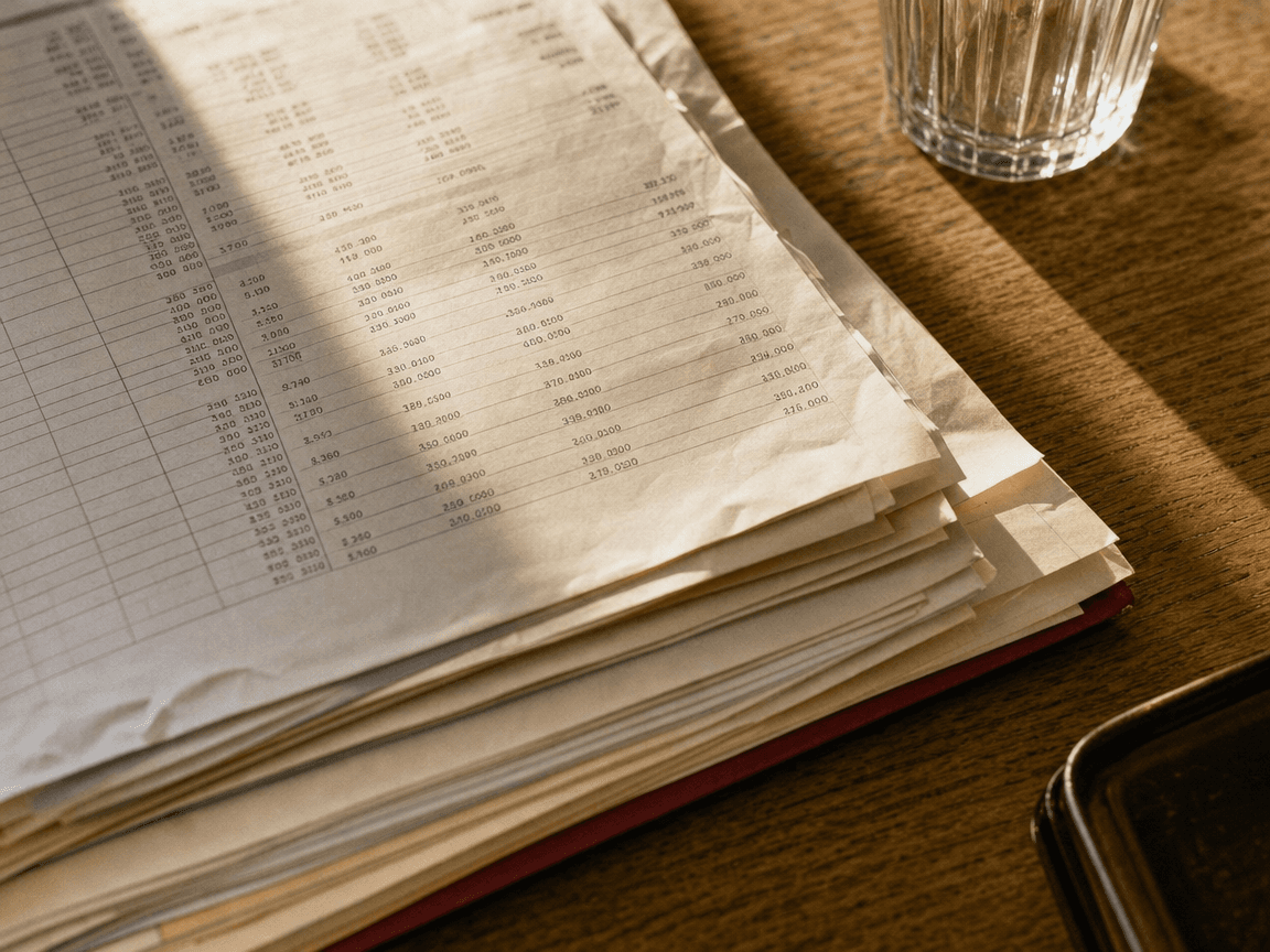 Une liasse de relevés de points de retraite complémentaire posée sur une table en chêne ciré, légèrement froissée, baignée d'une lumière d'après-midi oblique qui fait ressortir les chiffres imprimés en noir.