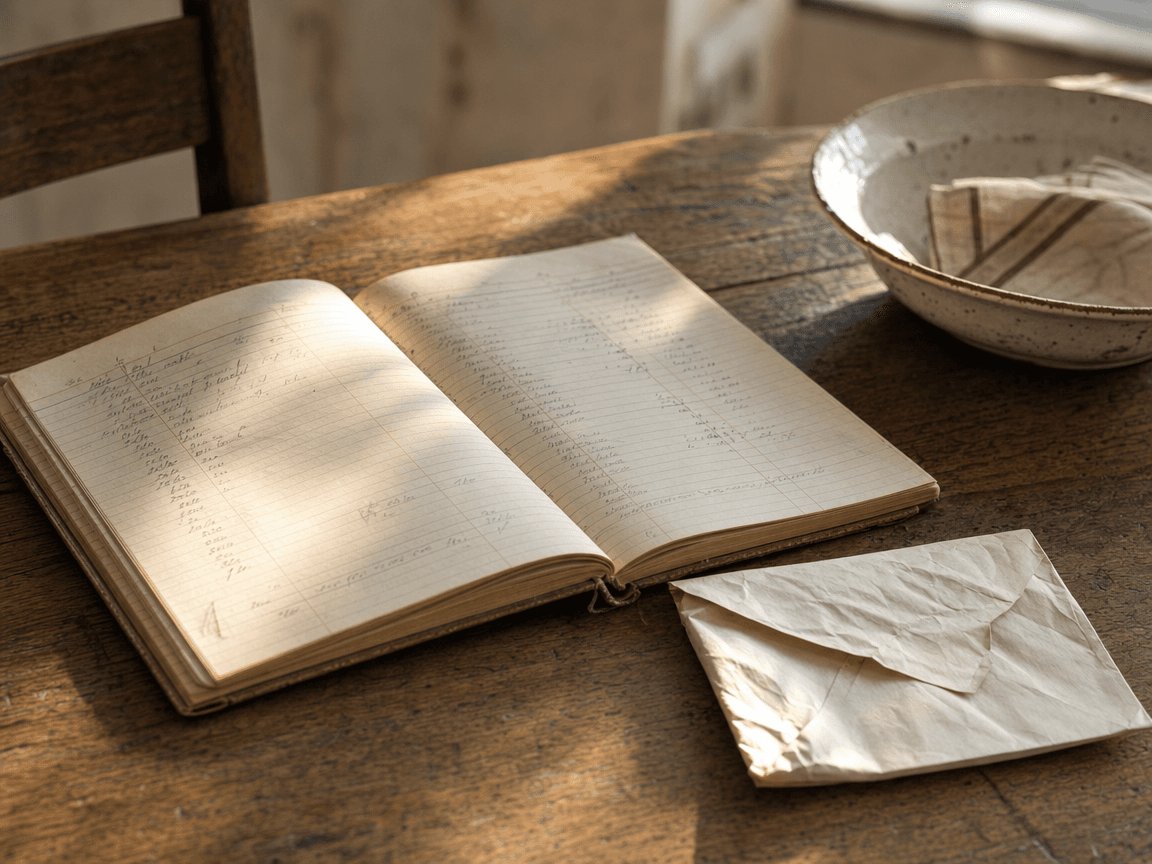 Une table de cuisine en bois usé, sur laquelle repose un carnet de comptes ouvert à côté d'une enveloppe froissée, baignés d'une lumière de fin d'après-midi filtrant par une fenêtre hors champ.