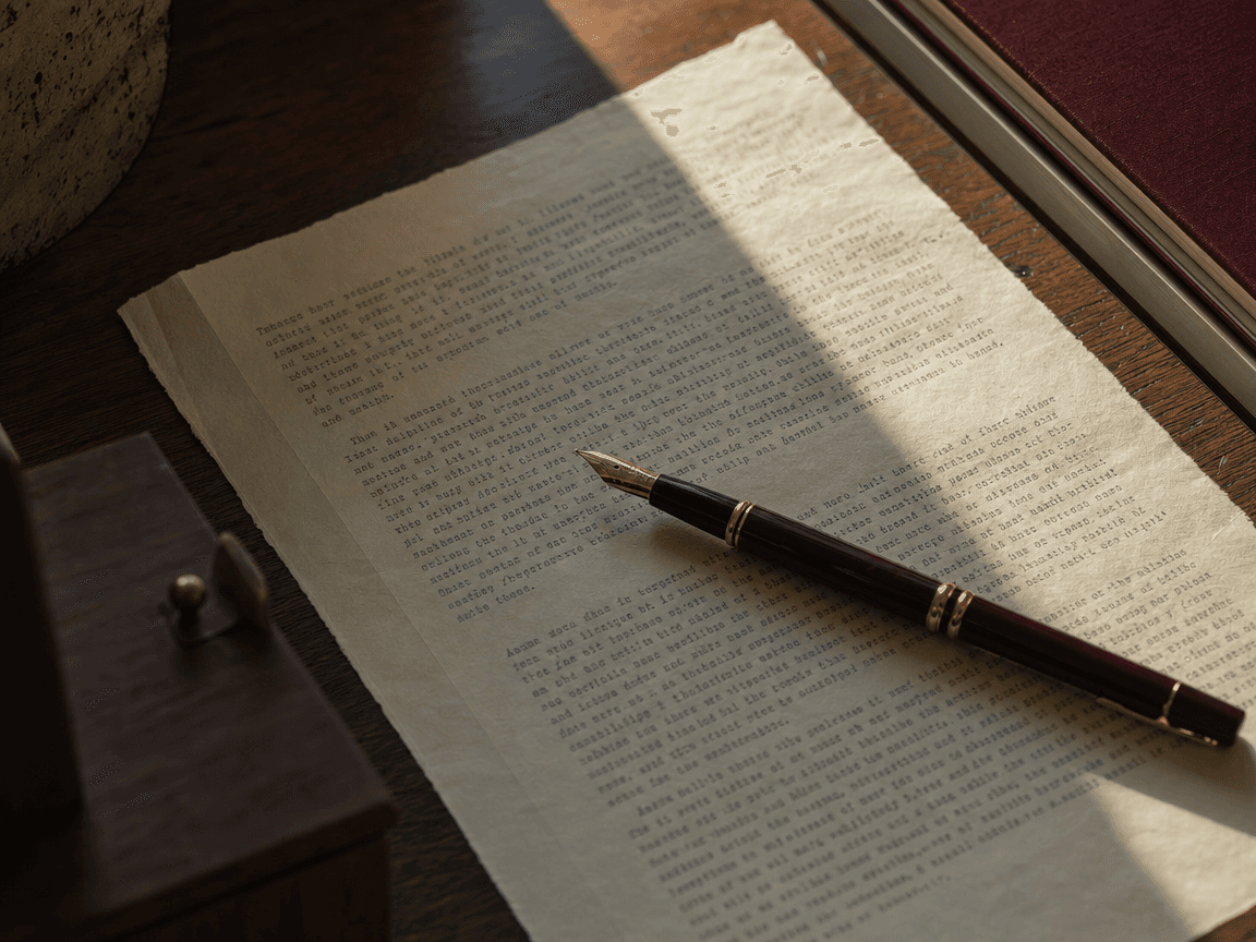 Une feuille de papier pelure couverte de paragraphes dactylographiés serrés, posée sur un bureau de bois sombre, un stylo plume abandonné en travers, la lumière d'une fenêtre hors champ découpant une ligne d'ombre nette sur le texte.