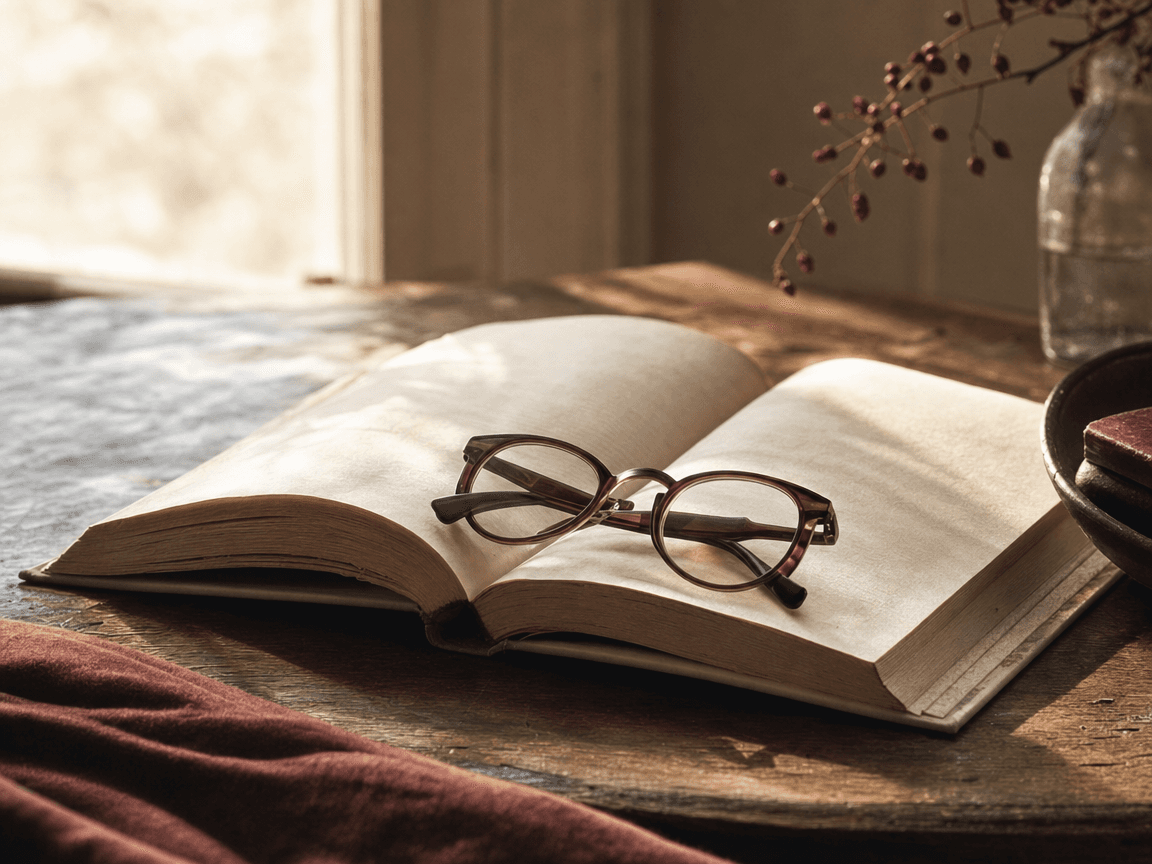 Une paire de lunettes de lecture posée sur un livre ouvert, sur une table en bois usé baignée d'une lumière dorée de fin d'après-midi, les pages légèrement froissées comme si on venait de les quitter.
