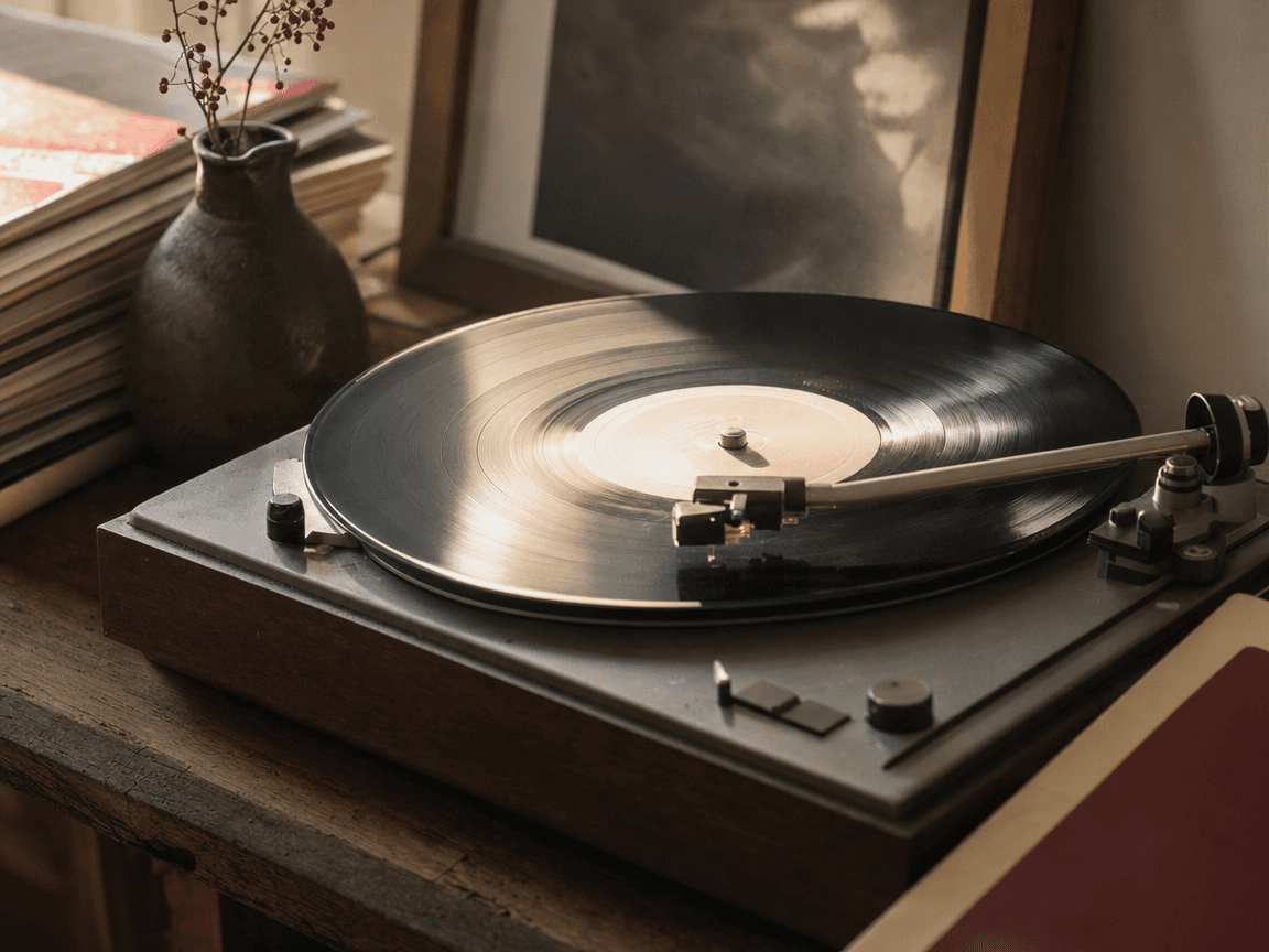 Une platine vinyle posée sur une table en bois brûlé, l'aiguille encore posée sur le sillon d'un 33 tours dont l'étiquette centrale est baignée d'une lumière de fin d'après-midi dorée et légèrement surexposée.