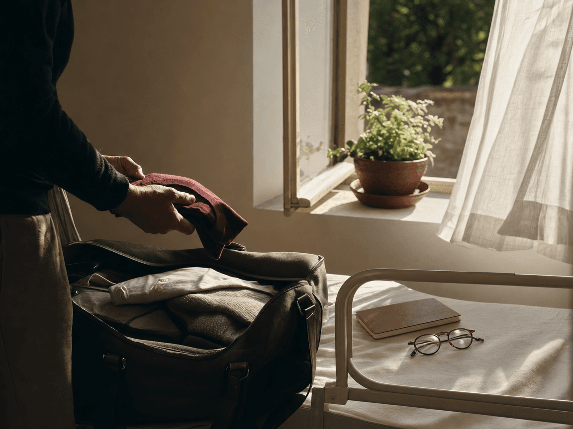 Une chambre d'accueil temporaire en lumière de fin d'après-midi : un sac de voyage à moitié défait sur un lit à hauteur réglable, une plante verte posée sur le rebord d'une fenêtre ouverte, l'air qui fait bouger légèrement un rideau de lin blanc.