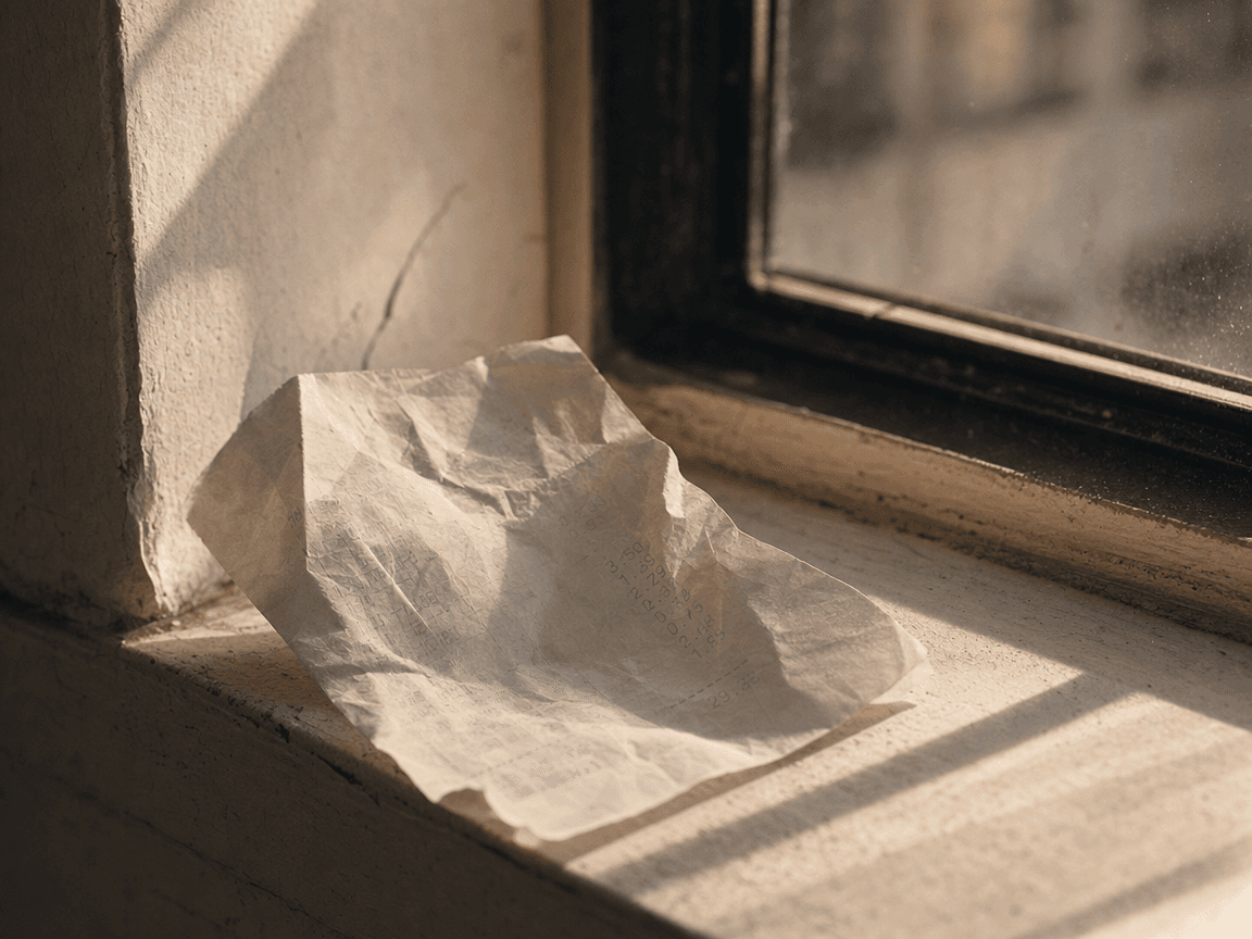 Une feuille de papier thermique froissée posée sur un rebord de fenêtre ensoleillé, ses chiffres bleutés à peine lisibles dans la lumière rasante de fin d'après-midi.