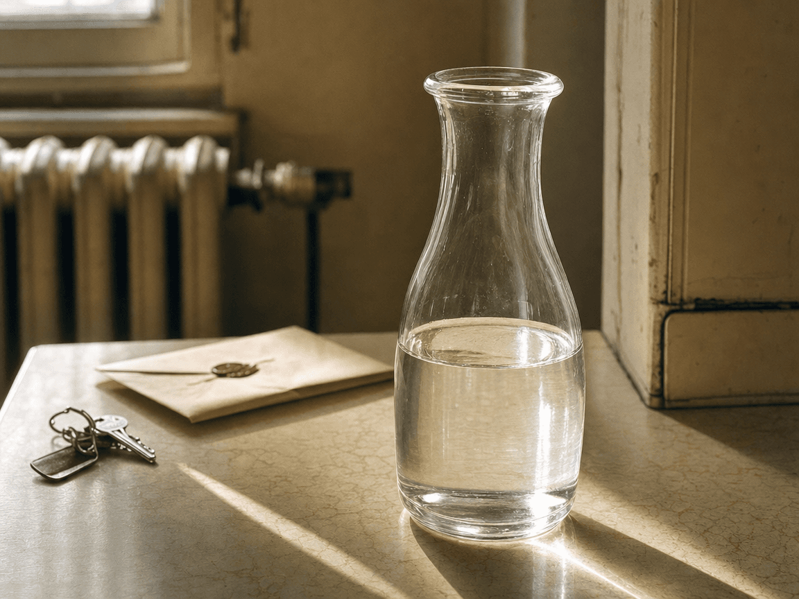 Une carafe d'eau posée sur une table en formica dans une cuisine d'appartement ancien, baignée d'une lumière de fin de matinée qui fait luire le verre et révèle, au second plan flou, un trousseau de clés et une enveloppe cachetée.
