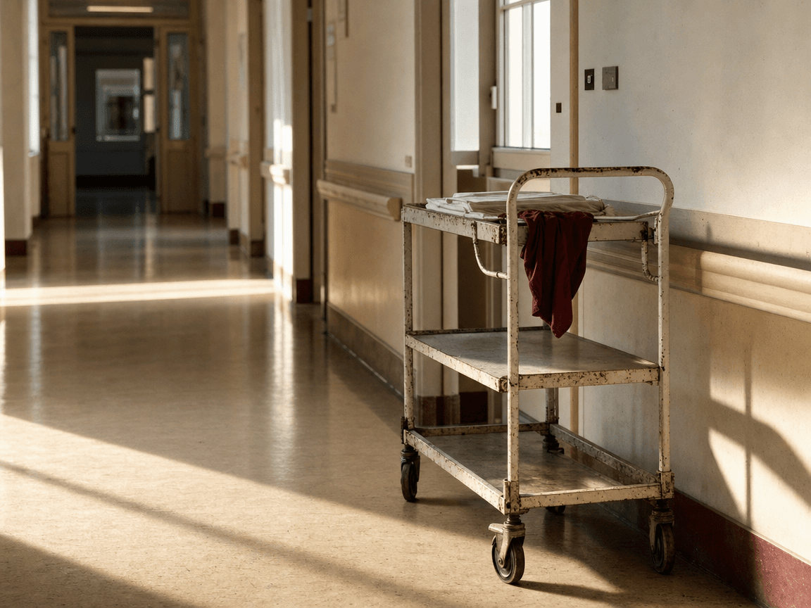 Un couloir d'hôpital public désert, baigné d'une lumière blanche et rasante de fin d'après-midi, où un chariot métallique abandonné projette une longue ombre sur le sol en lino beige.