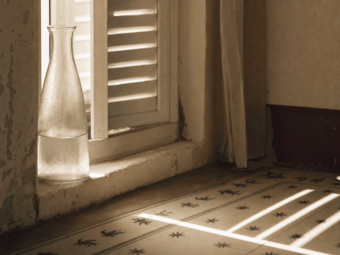 Une carafe d'eau posée sur un rebord de fenêtre ensoleillé, la condensation glissant lentement sur le verre tandis que les volets mi-clos découpent des raies de lumière blanche et aveuglante sur un carrelage ancien.