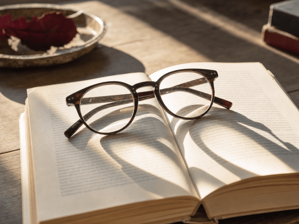 Une paire de lunettes posée sur un livre ouvert, sur une table en bois baignée de lumière oblique de fin d'après-midi, les pages légèrement floues comme vues à travers un voile laiteux.