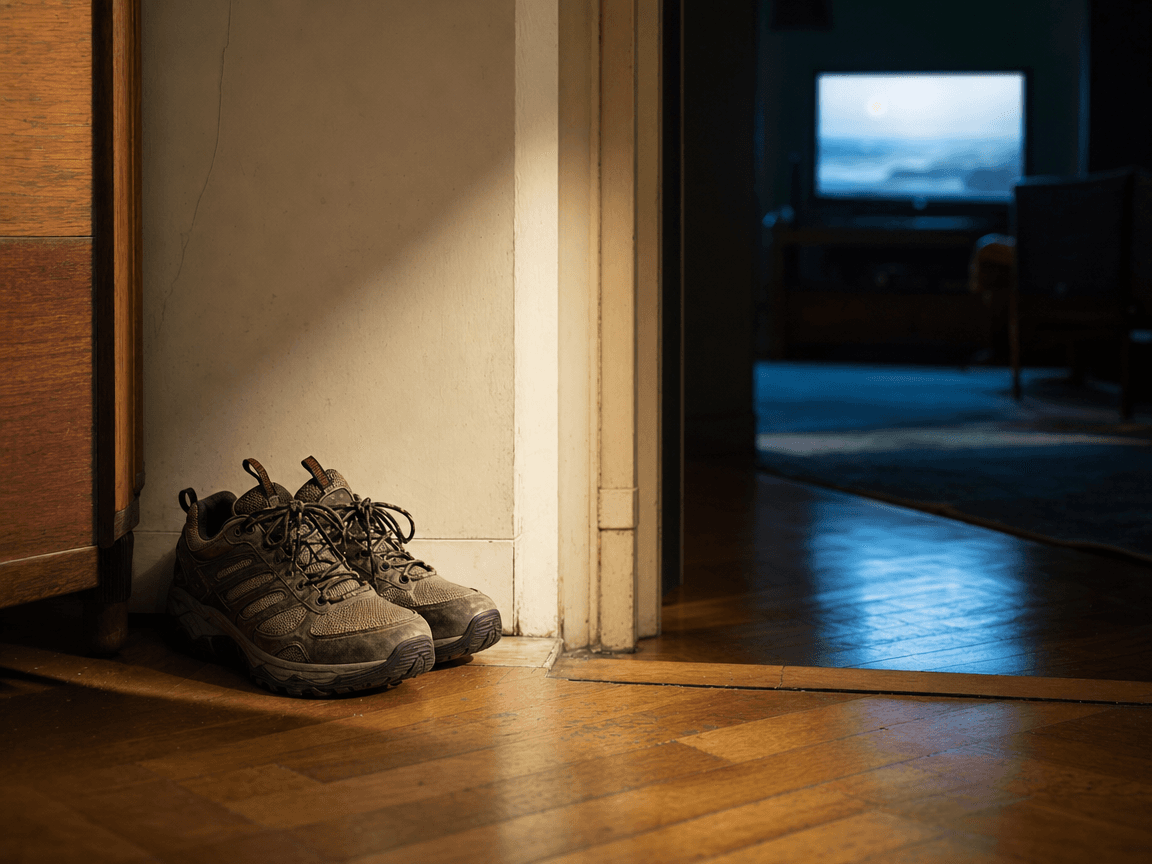 Une paire de chaussures de marche posées à l'entrée d'un couloir sombre, lacets encore noués, tandis qu'un écran de télévision allumé diffuse une lumière bleutée sur le parquet — photographié en lumière naturelle rasante venant d'une fenêtre latérale hors champ.