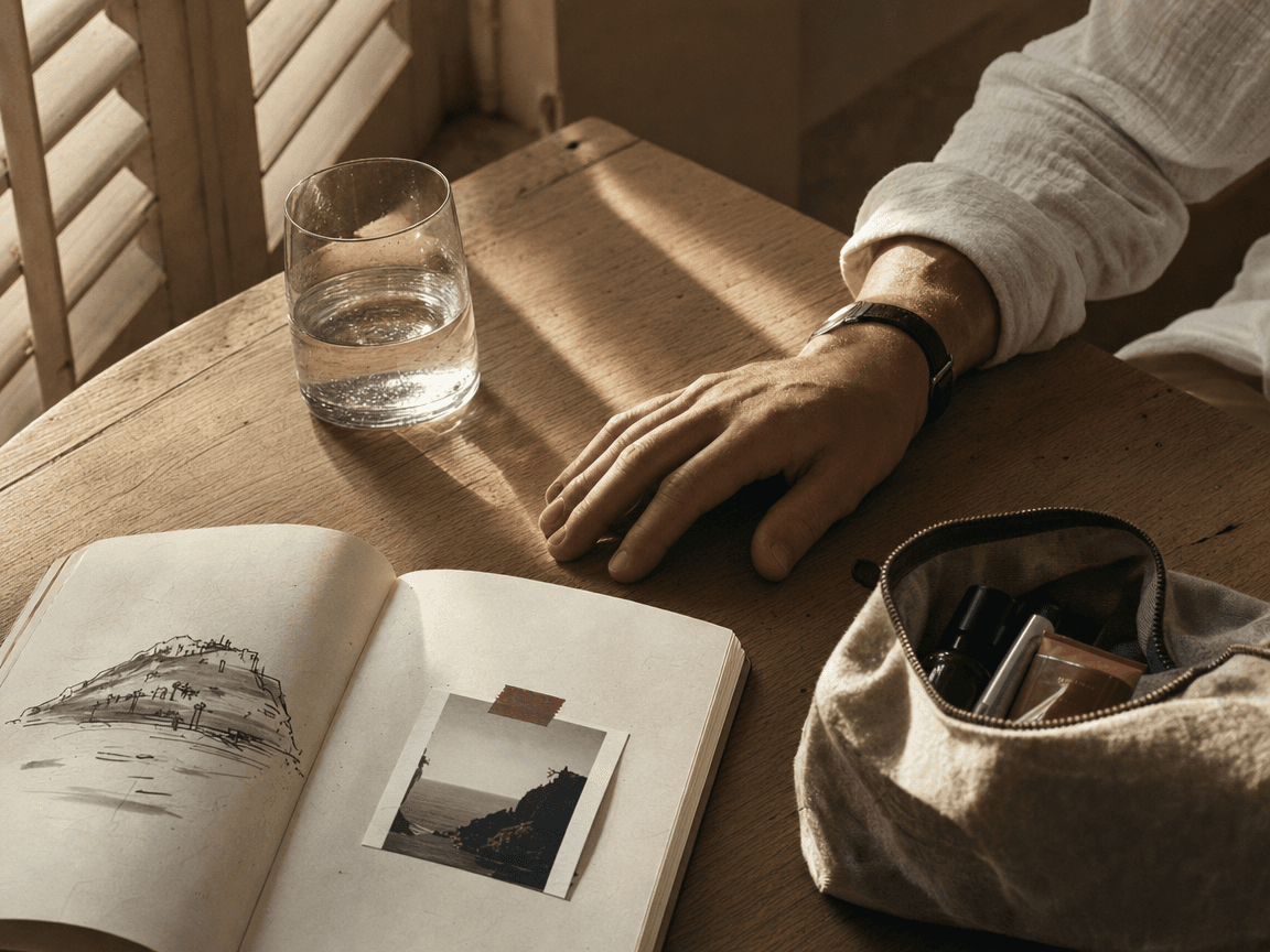 Une main posée sur une table en bois clair, à côté d'un verre d'eau, d'un carnet de voyage ouvert et d'une petite trousse de toilette zippée, baignés dans la lumière oblique d'une matinée d'été à travers des volets entrouverts.