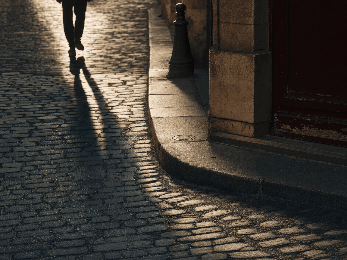 Une rue pavée parisienne filmée à contre-jour à 17h45, où l'ombre d'un passant s'étire démesurément sur le bitume mouillé tandis que le dernier rai de soleil rasant effleure le bord d'un trottoir.