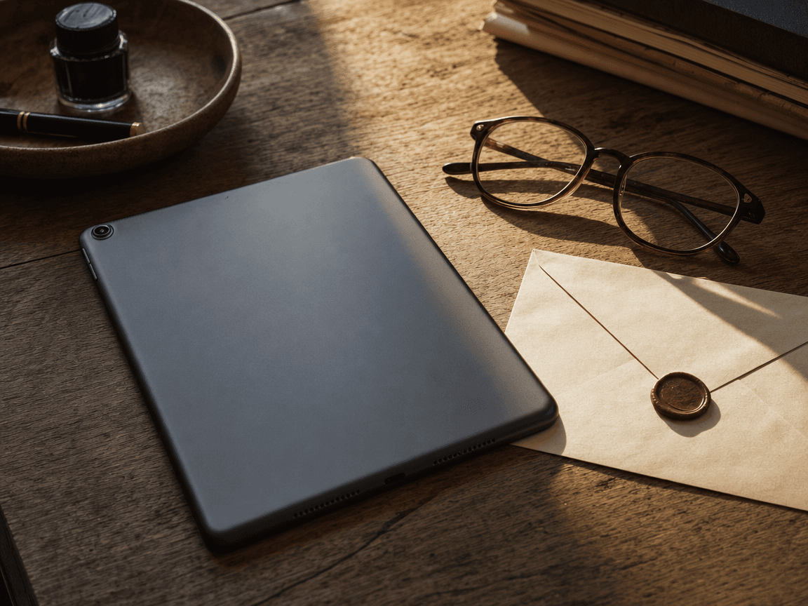 Une tablette posée à l'envers sur une table en bois, écran éteint, à côté d'une enveloppe cachetée et d'une paire de lunettes de lecture repliées, dans la lumière oblique d'une fin d'après-midi.