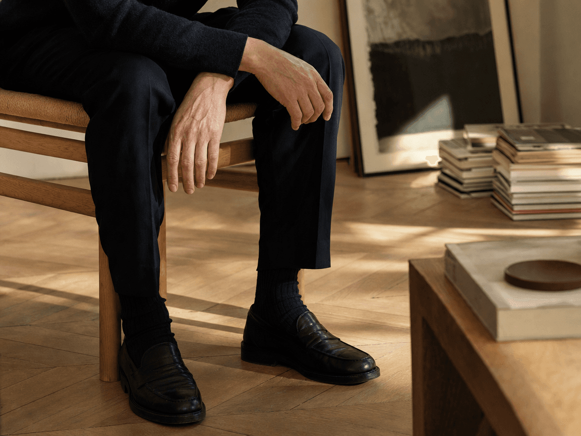 Une chaise en bois clair filmée en légère contre-plongée, bras croisés posés sur les genoux d'une personne debout dont on ne voit que le bas du corps, lumière de fin de matinée rasant le sol en parquet.