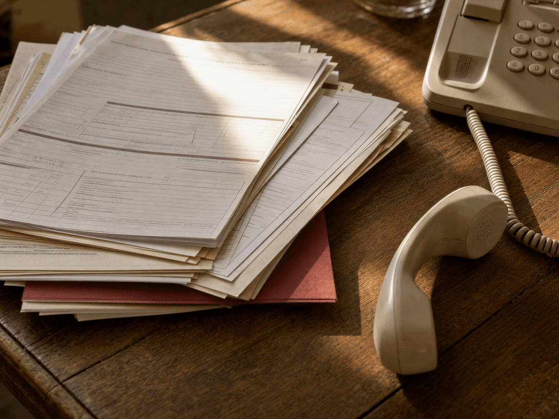 Une liasse de formulaires administratifs posée sur une table en bois usé, à côté d'un téléphone fixe dont le combiné est décroché, baignés dans la lumière oblique d'une fin d'après-midi.