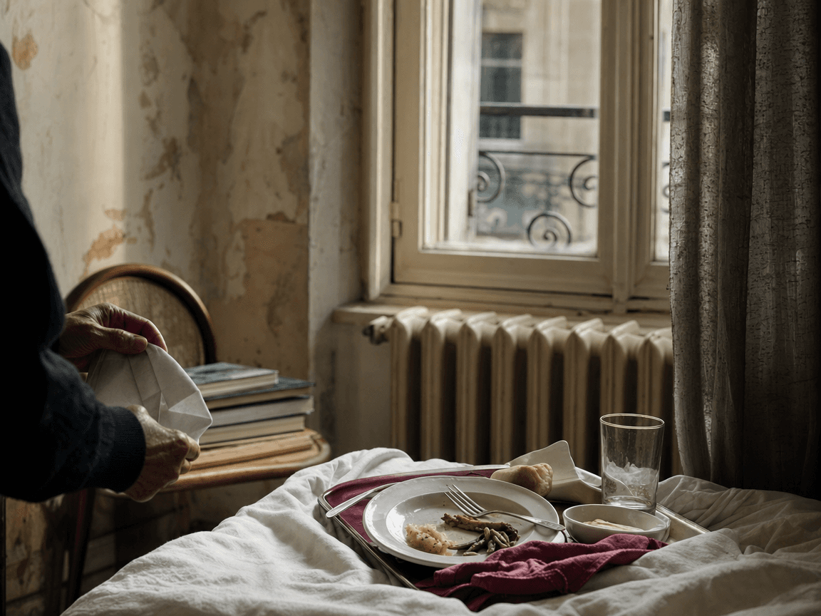 Une chambre exiguë aux murs défraîchis, un plateau-repas refroidi posé sur un lit défait, éclairé par la lumière blafarde d'une fenêtre donnant sur une cour intérieure parisienne.