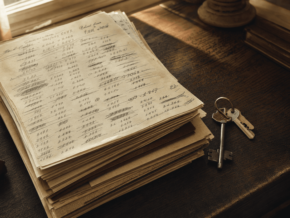 Une liasse de documents manuscrits couverts de chiffres et de ratures, posée sur une table en bois sombre à côté d'un trousseau de clés de maison, éclairée par la lumière oblique d'une fin d'après-midi.