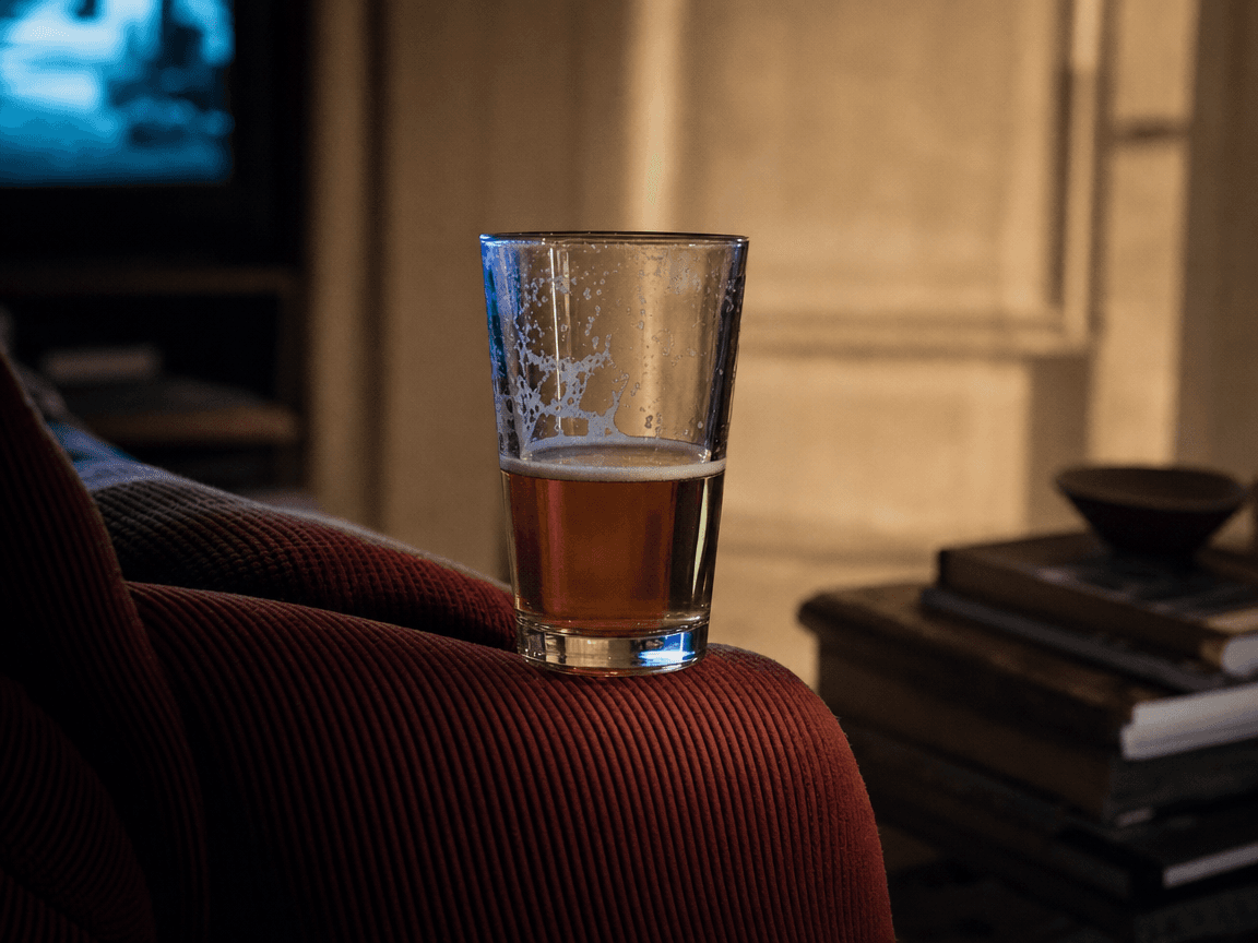 Un verre de bière à moitié plein posé sur l'accoudoir d'un canapé en velours côtelé bordeaux, baigné par la lueur bleutée et vacillante d'un écran de télévision hors champ, dans un salon plongé dans la pénombre du soir.