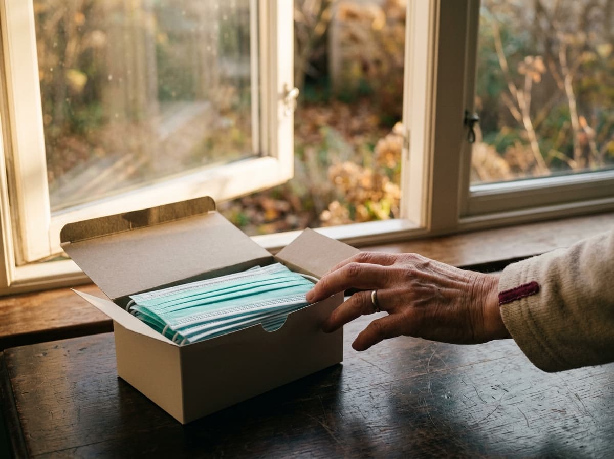Une boîte de masques chirurgicaux posée sur une table en bois près d'une fenêtre ouverte sur un jardin d'automne, lumière rasante de fin d'après-midi.