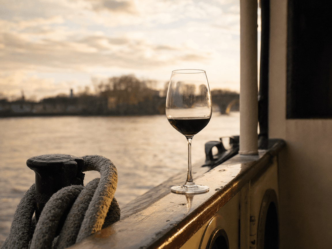 Sur le pont arrière d'une péniche, une coupe de vin rouge posée sur le plat-bord en bois verni capte le reflet tremblant d'un ciel de fin d'après-midi au-dessus d'un méandre de la Garonne.