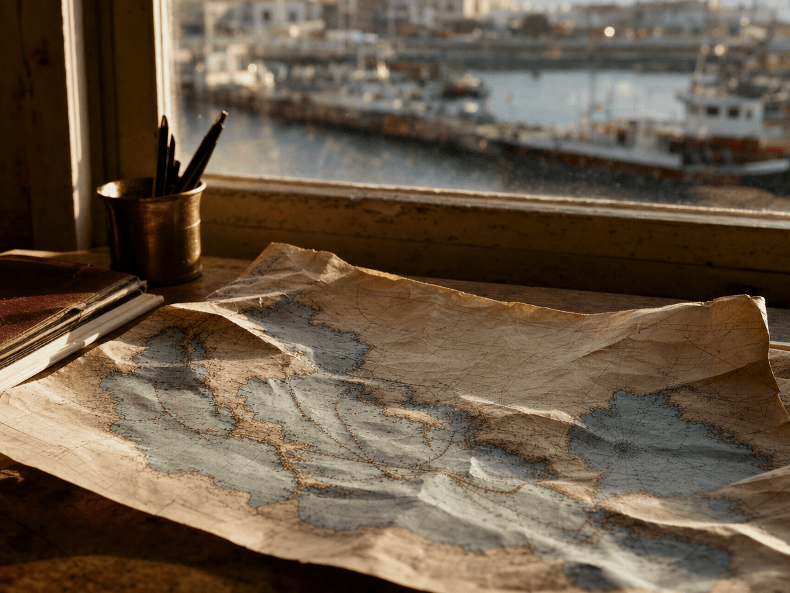 Une carte maritime froissée d'itinéraires méditerranéens posée sur une table en bois, un port flou derrière la fenêtre, lumière de fin d'après-midi.