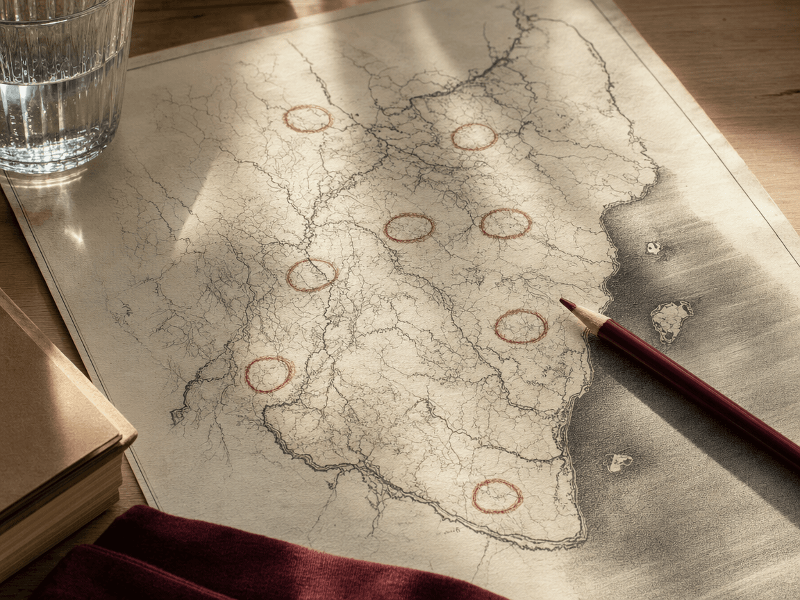 Une carte annotée à la main, posée à plat sur une table en bois clair, avec sept zones cerclées au crayon rouge à l'intérieur des terres, tandis qu'une lumière de fin d'après-midi effleure le papier et laisse dans l'ombre les marges côtières.