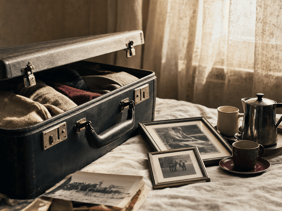 Une valise entrouverte sur un lit défait, quelques photographies encadrées et un service à café posés à côté, dans la lumière oblique d'une fin d'après-midi filtrant par des voilages jaunis.