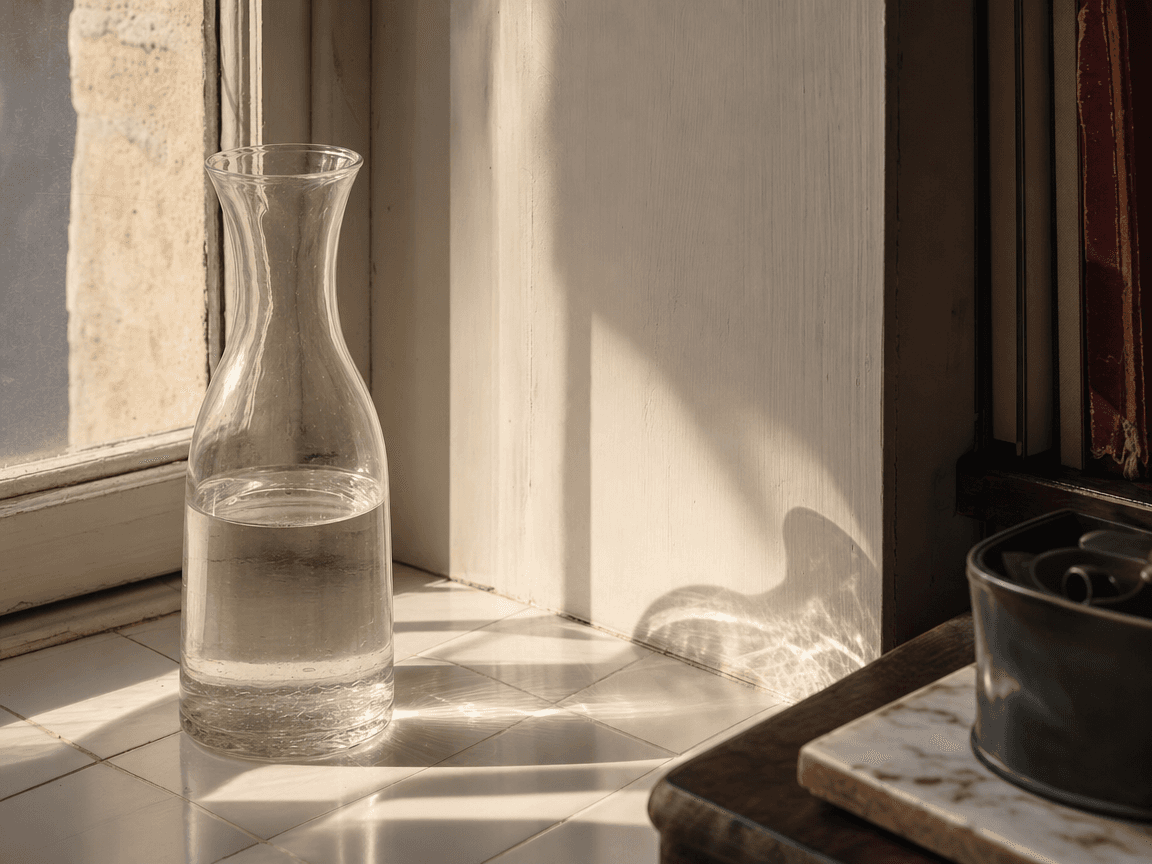 Une carafe d'eau aux trois quarts vide posée sur un rebord de fenêtre baigné de soleil rasant, l'ombre longue du verre projetée sur un carrelage blanc légèrement jauni par la chaleur.