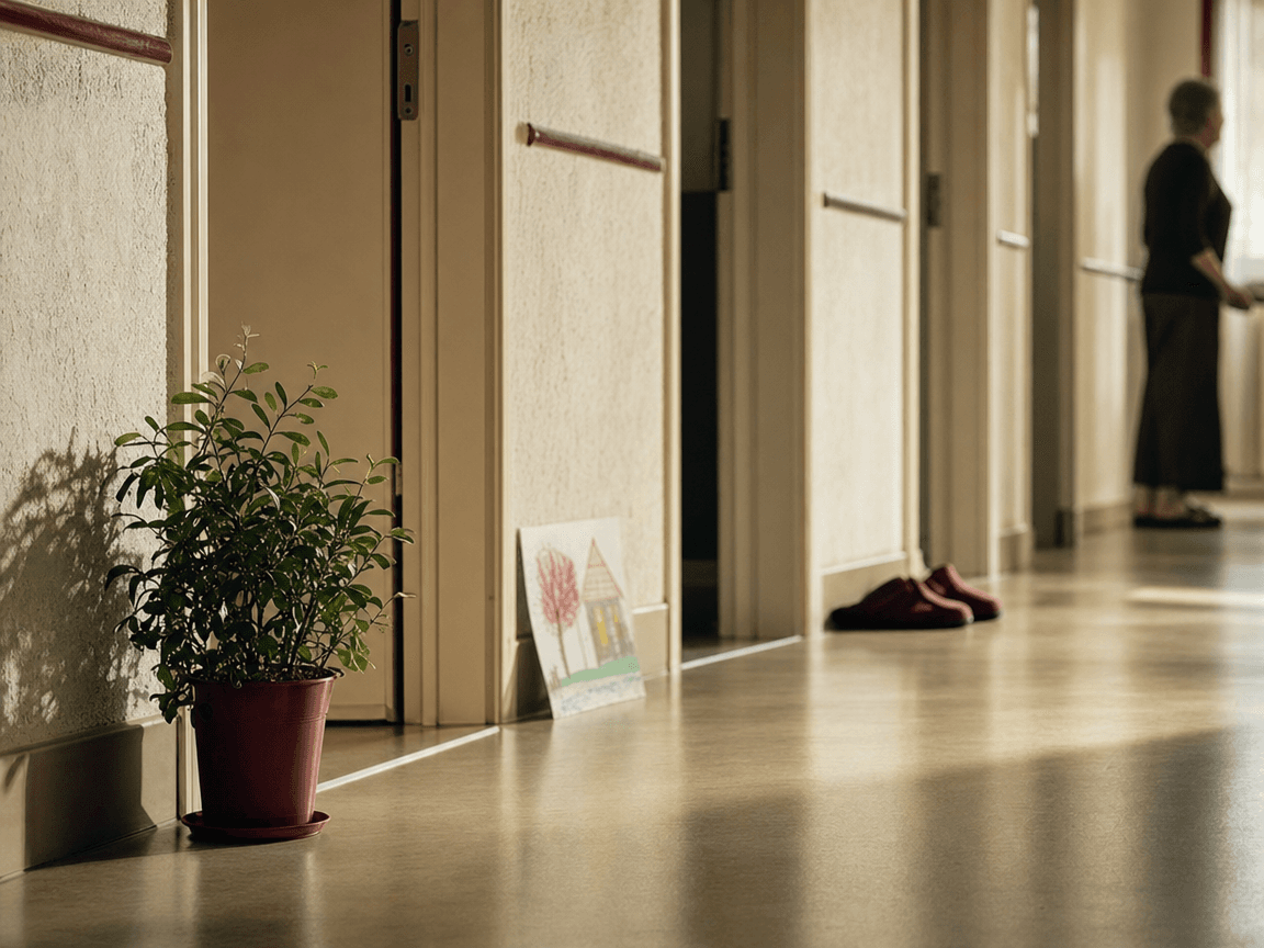 Une rangée de portes de chambres dans un couloir d'établissement, chacune personnalisée d'un petit objet posé sur le seuil — une plante, un dessin d'enfant, une paire de chaussons — baignée d'une lumière de fin d'après-midi qui glisse depuis une fenêtre hors champ.