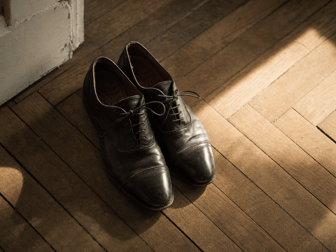 Une paire de chaussures de ville usées, posées côte à côte sur un parquet ancien légèrement gondolé, photographiées en plongée douce dans la lumière oblique d'une fin d'après-midi.