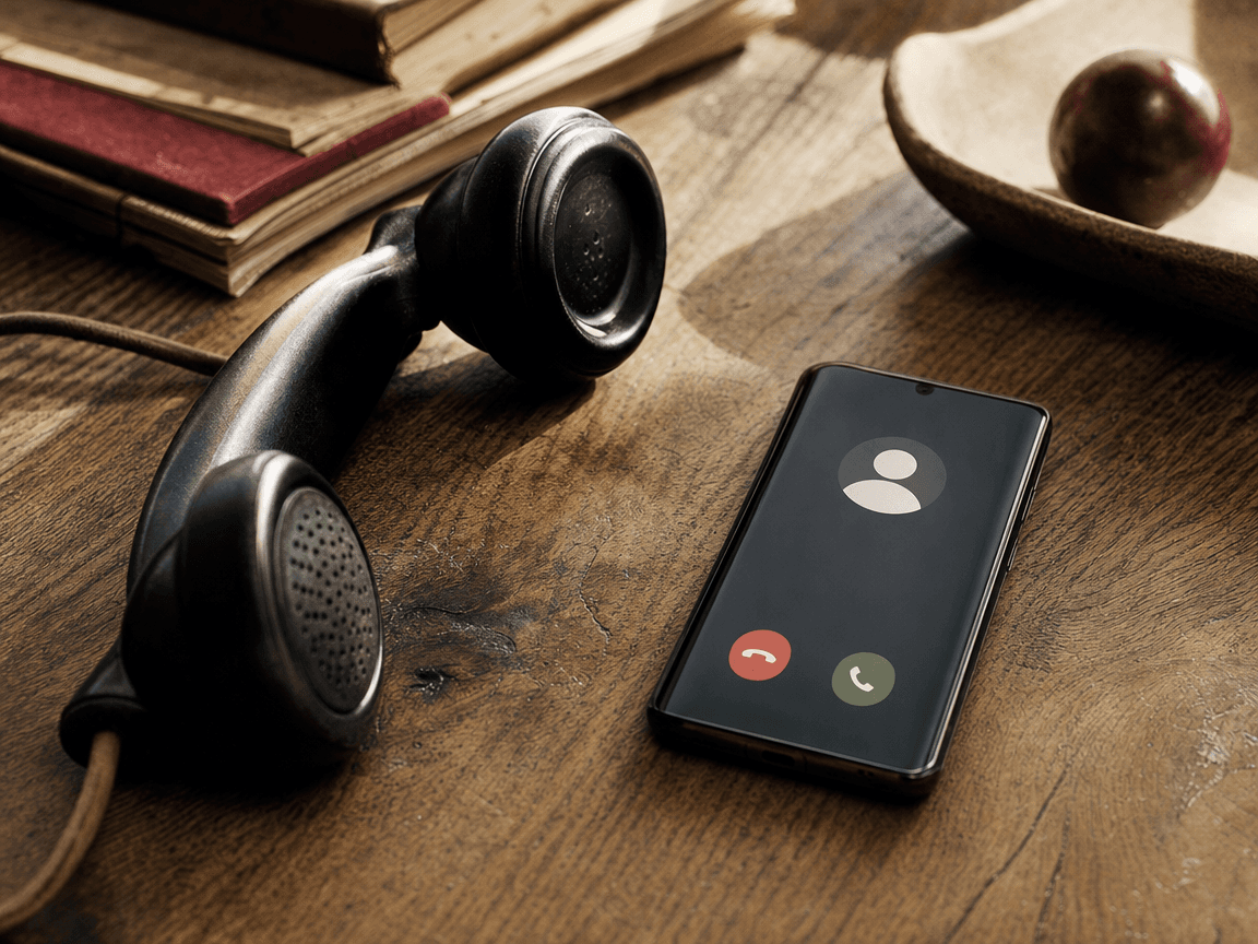 Un combiné téléphonique ancien posé sur une table en bois, l'écran d'un mobile allumé à côté affichant un numéro inconnu, lumière de fin d'après-midi rasante sur le bois veiné.