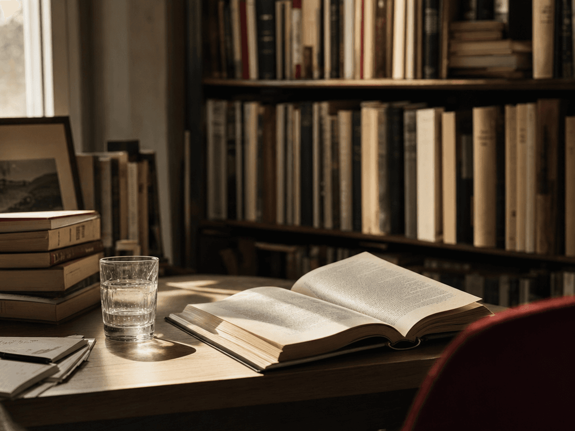 Une bibliothèque personnelle en légère contre-plongée, rayons chargés de livres aux tranches passées, un verre d'eau posé sur une table en bois clair, lumière de fin d'après-midi rasant les pages ouvertes d'un roman abandonné là.