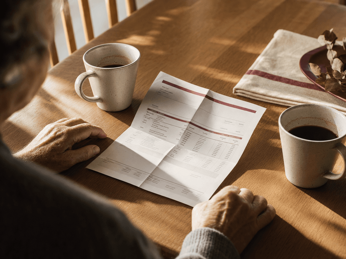 Une table de cuisine en bois clair, deux tasses de café à moitié vides côte à côte, et entre elles un relevé de pension plié en deux, éclairé par la lumière oblique d'une matinée d'automne.