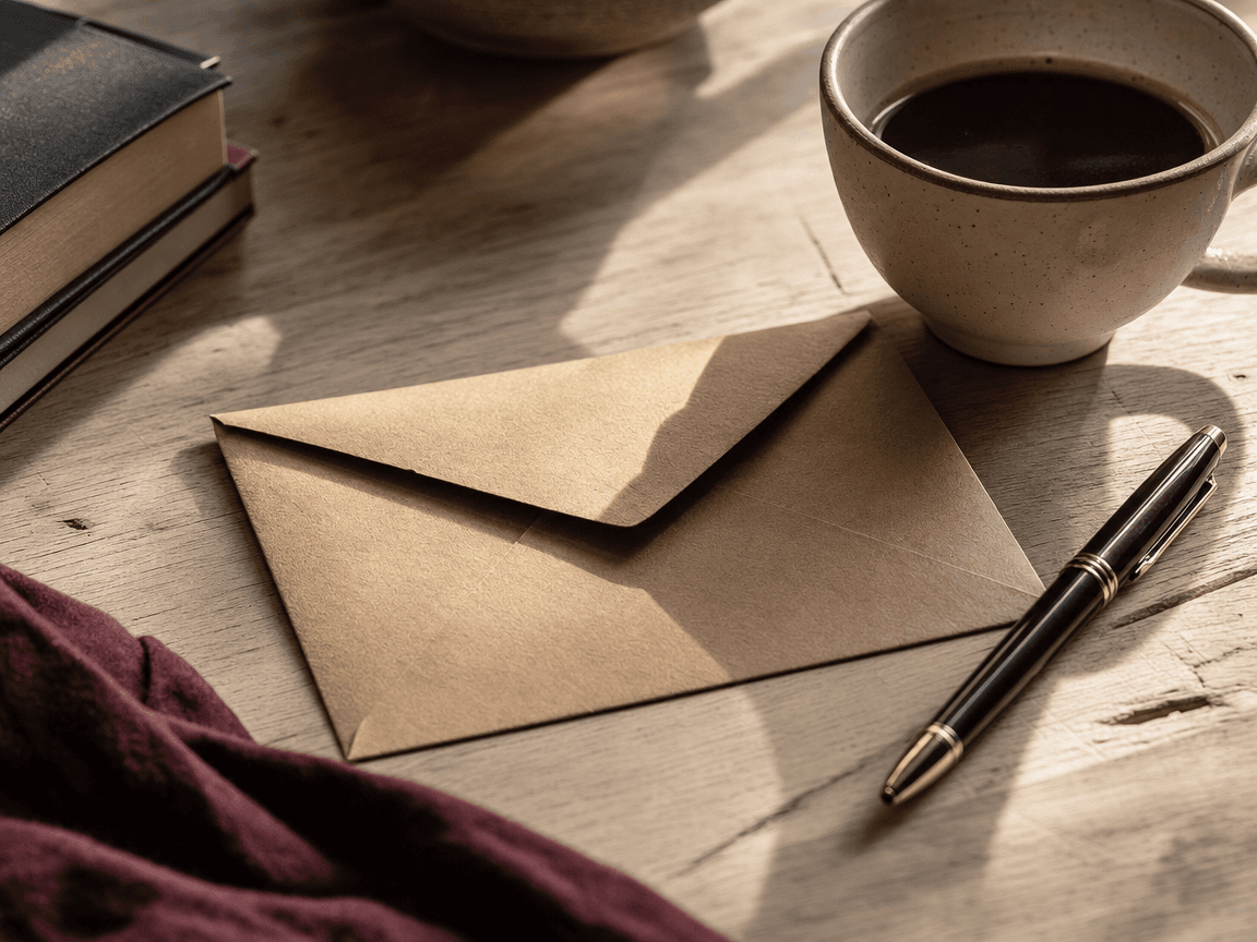 Une enveloppe kraft posée sur une table en bois clair, encore fermée, à côté d'une tasse de café refroidie et d'un stylo posé en travers — lumière rasante de fin de matinée.