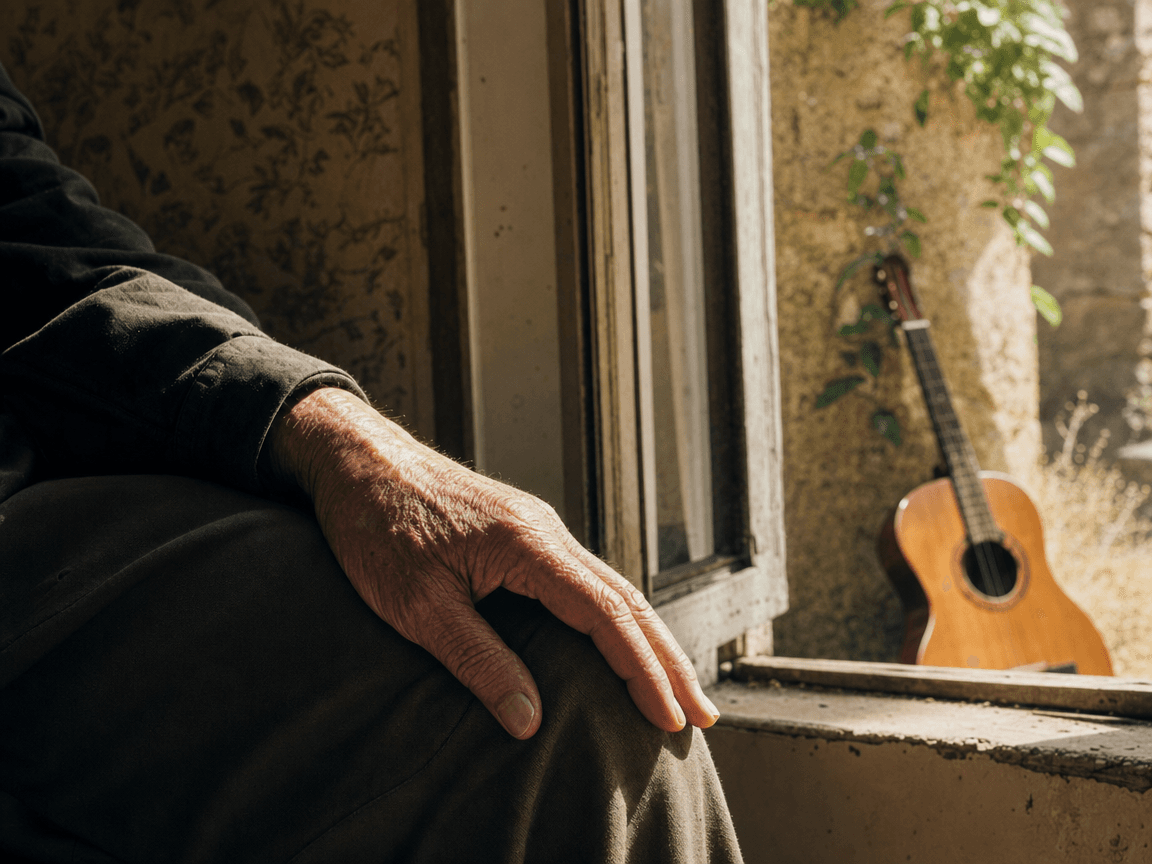 Une main âgée posée sur le genou, doigts légèrement recourbés, dans la lumière oblique d'une fenêtre ouverte, tandis qu'au-dehors une guitare acoustique appuyée contre le mur de crépi laisse deviner une présence musicale toute proche.