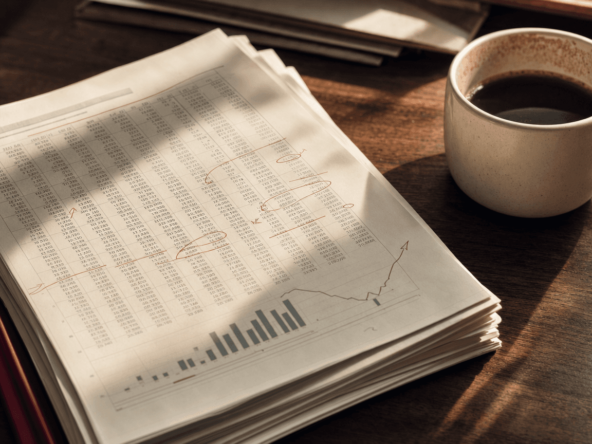 Une liasse de feuilles de calcul annotées au stylo rouge posée sur une table en bois sombre, éclairée par la lumière rasante d'une fenêtre, une tasse de café refroidie à côté.