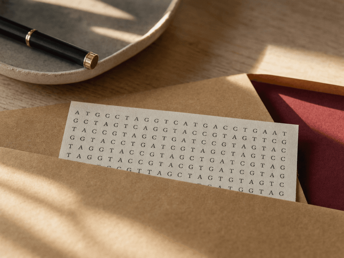 Un brin de papier imprimé portant une séquence de lettres génétiques (A, T, G, C) sort à moitié d'une enveloppe kraft posée sur une table en bois clair, éclairée par la lumière oblique d'une fenêtre du matin.