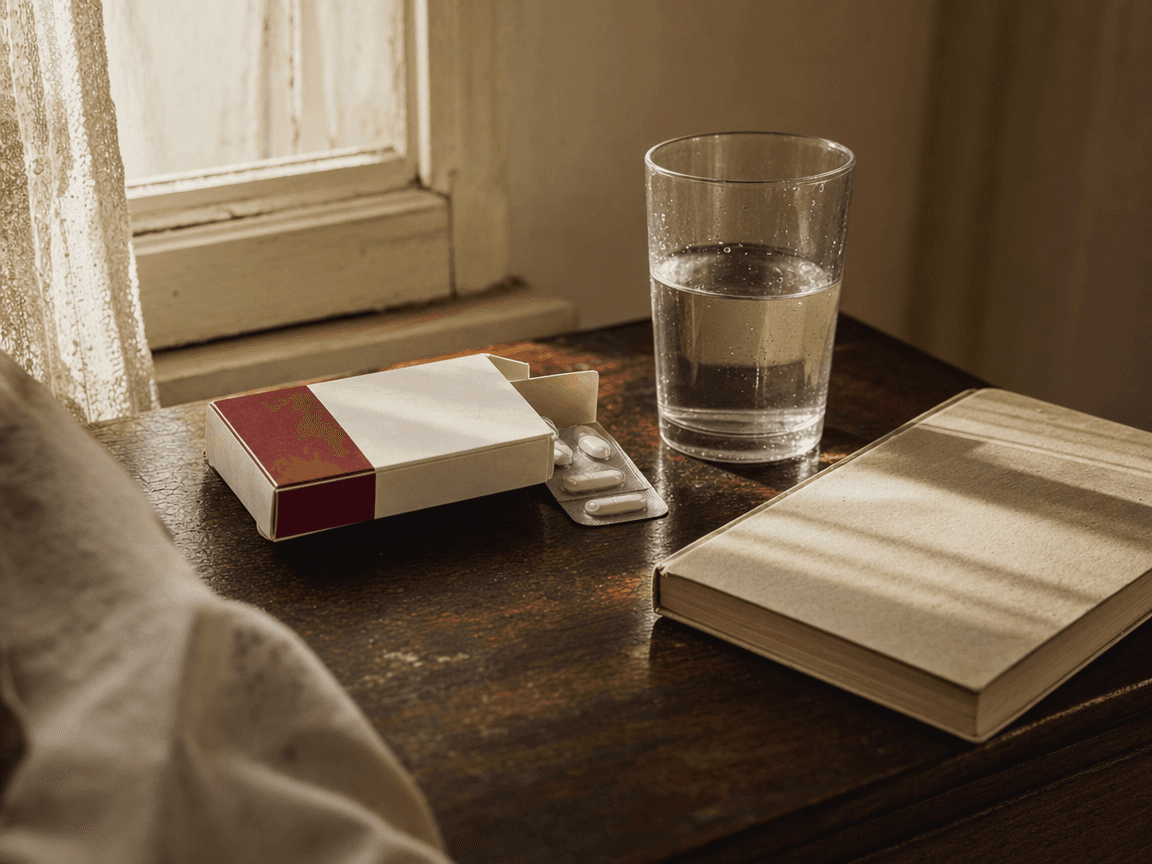 Une boîte de paracétamol posée sur une table de nuit en bois sombre, à côté d'un verre d'eau à moitié bu et d'un livre refermé, baignés dans la lumière froide et rasante d'une fenêtre d'hiver.