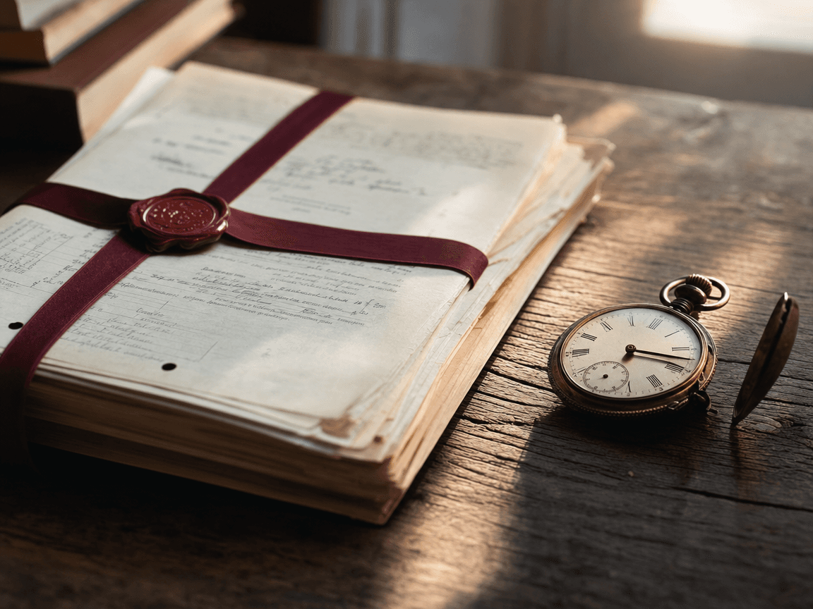 Une liasse de documents notariés posée sur une table en chêne ancien, à côté d'une montre de gousset ouverte dont les aiguilles s'arrêtent sur un quart d'heure, lumière de fin d'après-midi rasant le bois.