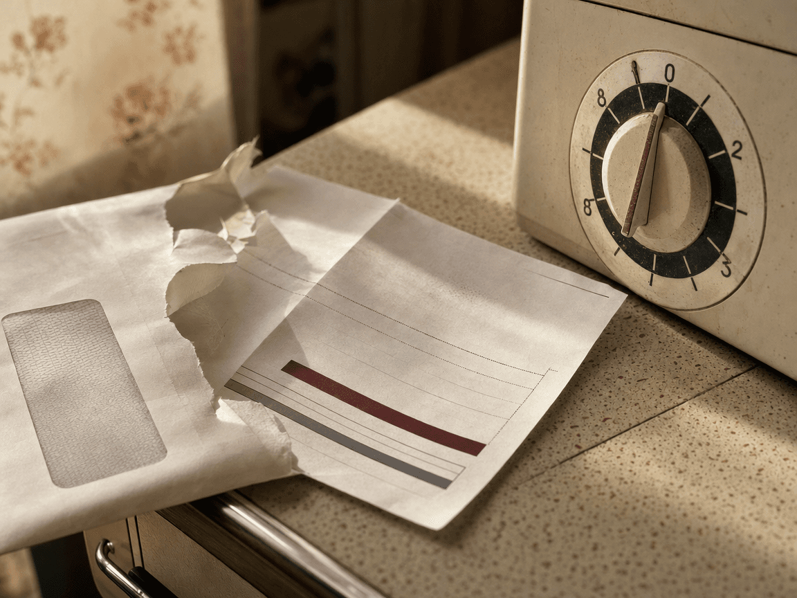 Une lettre d'EDF posée sur une table de cuisine en formica, encore dans son enveloppe entrouverte, à côté du cadran mécanique d'un programmateur de lave-linge dont l'aiguille marque une heure obsolète — lumière de fin d'après-midi rasante depuis une fenêtre hors champ.