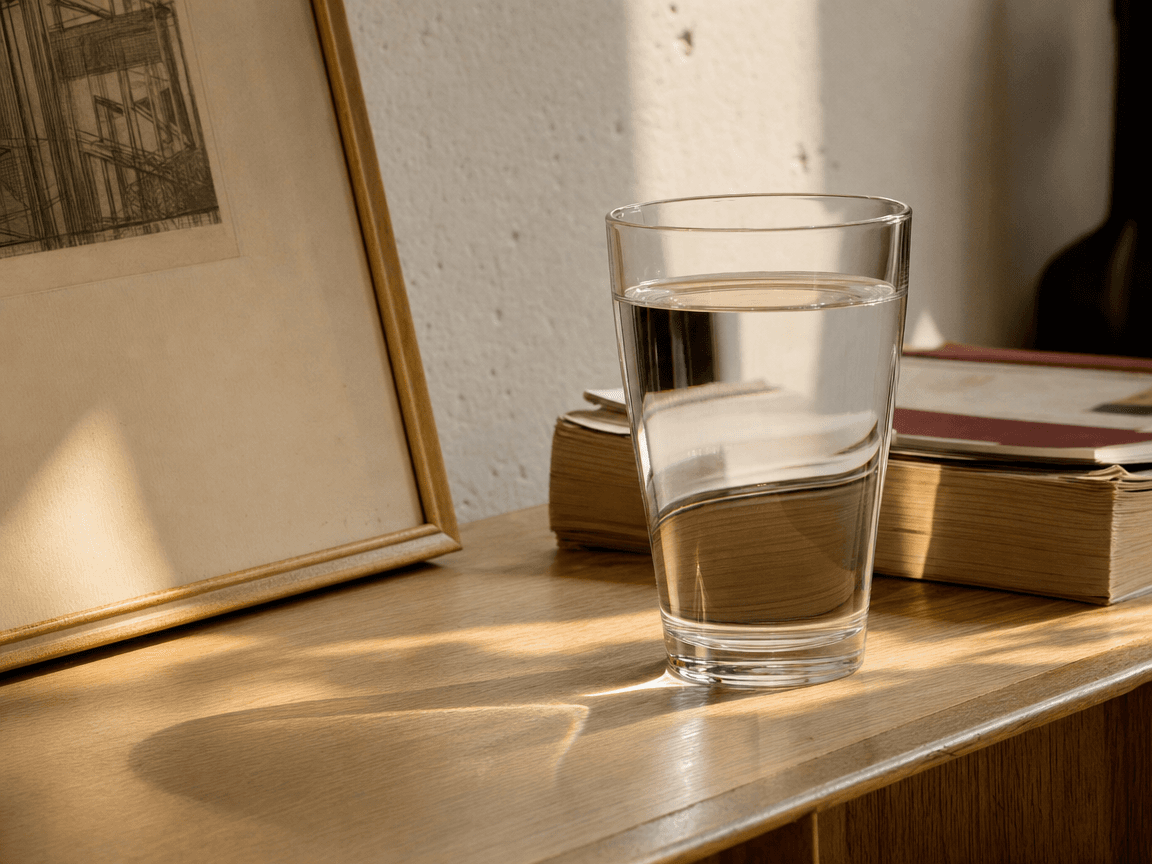 Un verre d'eau posé sur une table en bois clair, presque plein, filmé en légère contre-plongée dans la lumière oblique du matin, le liquide traversé d'un rai lumineux qui en révèle la transparence trompeuse.