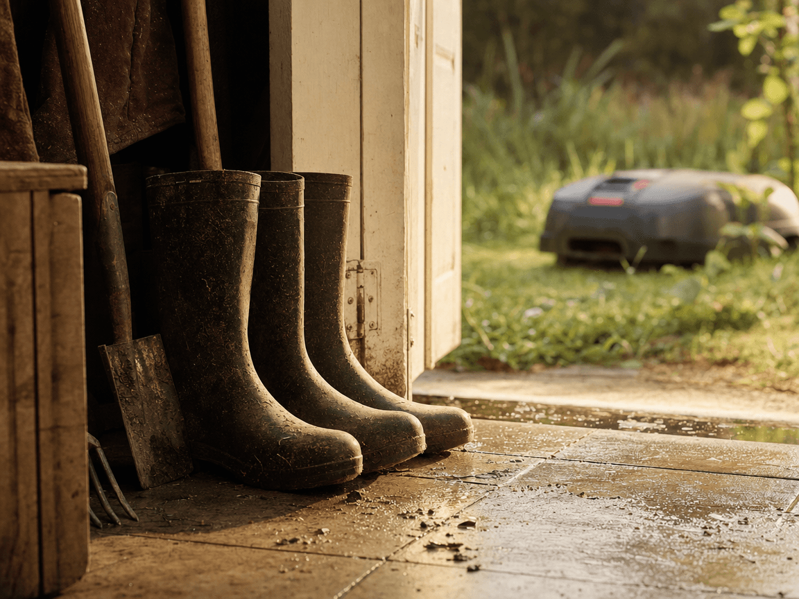 Une paire de bottes de jardinage usées posée sur le seuil d'une remise entrouverte, la lumière dorée du matin rasant le carrelage humide, tandis qu'au fond, flou, un robot tondeuse attend silencieusement dans l'herbe haute.