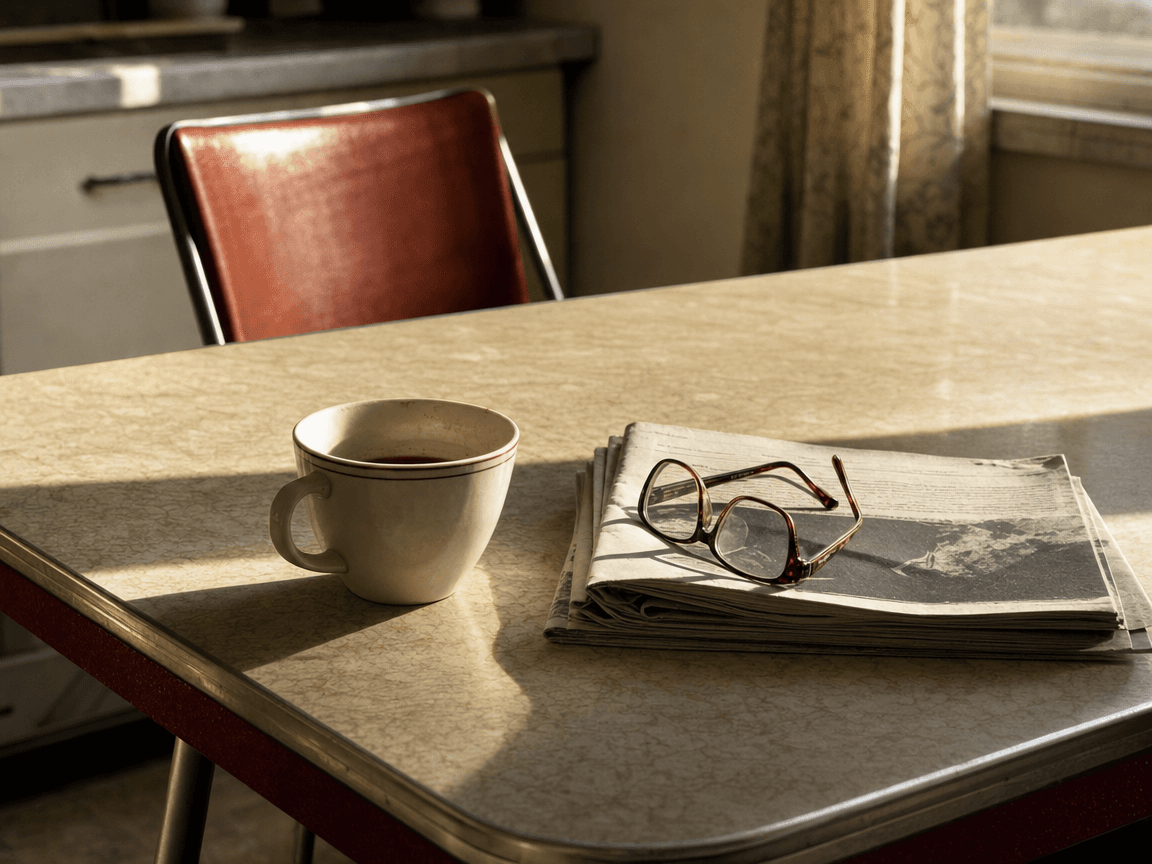 Une table de cuisine en formica usé, éclairée par la lumière rasante d'une fin d'après-midi, sur laquelle repose une tasse de café à moitié vide, un journal plié et une paire de lunettes de lecture — personne dans le cadre, chaise légèrement repoussée.