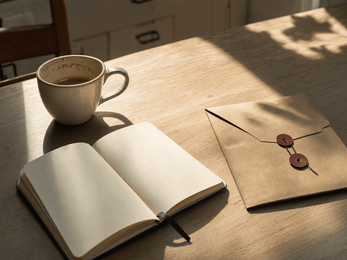 Une table de cuisine en bois clair, le matin, avec une tasse de café à moitié bue, un carnet ouvert aux pages vierges et une enveloppe administrative encore cachetée posée à côté, baignés d'une lumière rasante qui entre par une fenêtre hors champ.