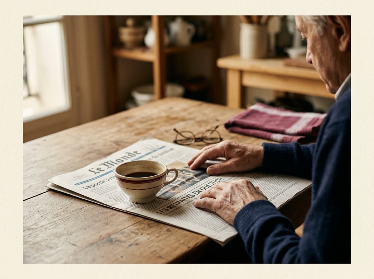 Une table de cuisine en bois usé, tasse de café refroidie posée sur un journal ouvert, lumière de fin de matinée rasant la page depuis une fenêtre hors-champ.