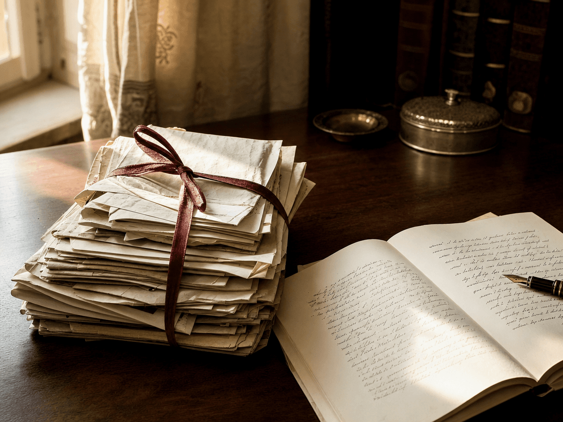 Une liasse de bulletins de pension froissés posée sur une table en bois sombre, à côté d'un testament manuscrit encore ouvert, éclairée par la lumière rasante d'une fin d'après-midi.