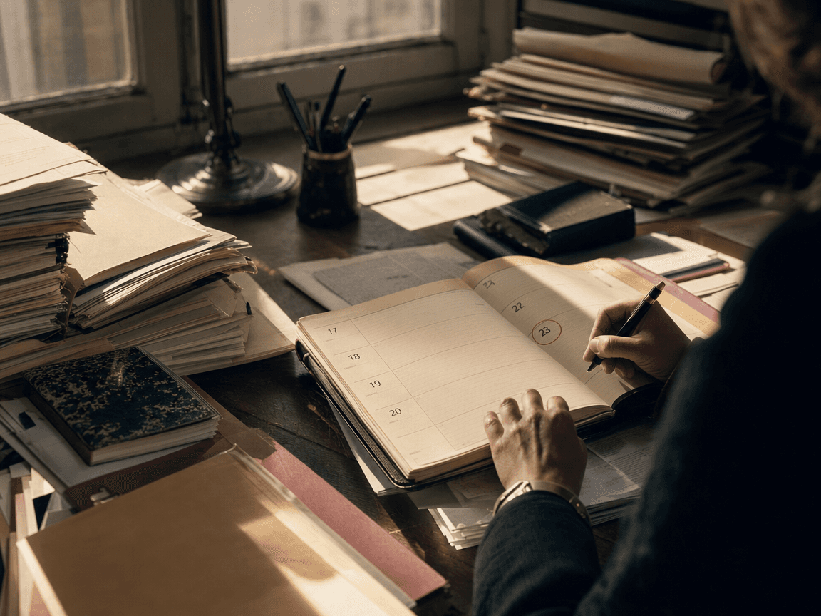Un bureau encombré de dossiers à moitié rangés, un agenda ouvert sur une date cerclée au stylo rouge, baigné d'une lumière d'après-midi qui entre en biais par une fenêtre de bureau.