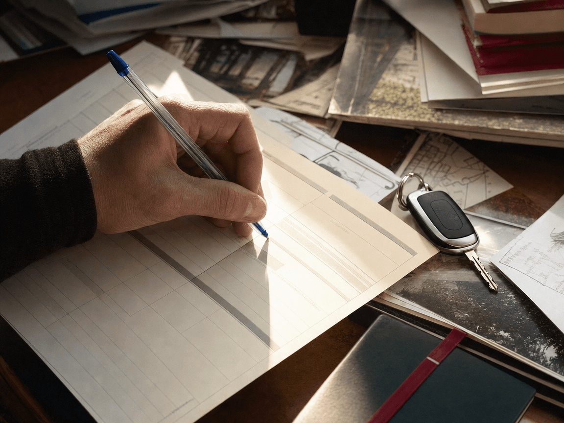 Une main posée sur un bon de commande à demi rempli, stylo bic encore en contact avec le papier, sur le bord d'un bureau encombré où traîne une clé de voiture électrique, lumière de fin d'après-midi rasant les documents.