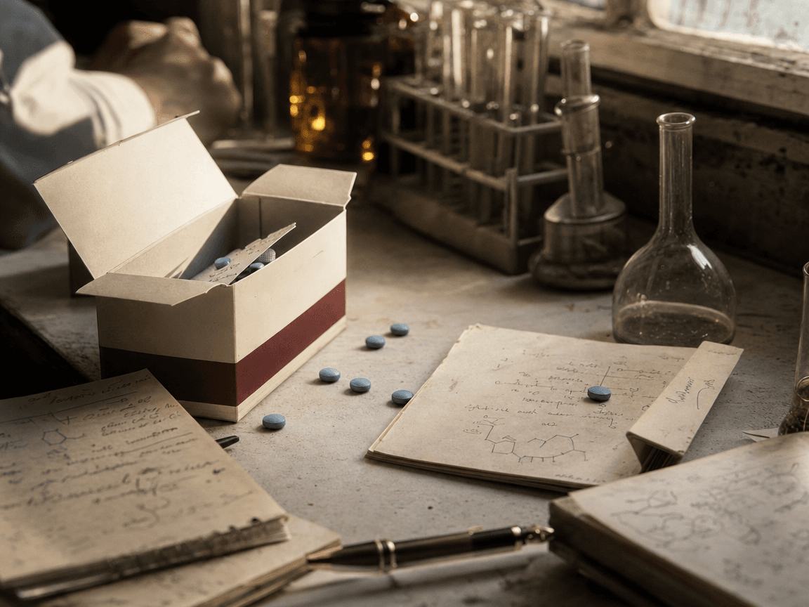 Une boîte de médicament générique ouverte sur une paillasse de laboratoire encombrée, éclairée par la lumière oblique d'une fenêtre, quelques comprimés bleus épars parmi des notes manuscrites et des tubes à essai vides.