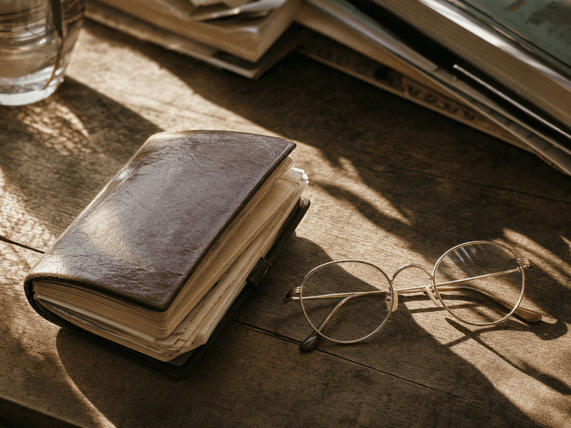 Une table en bois usé sur laquelle reposent, côte à côte, un agenda de poche aux pages jaunies et une paire de lunettes à monture dorée, baignés d'une lumière de fin d'après-midi qui allonge les ombres.